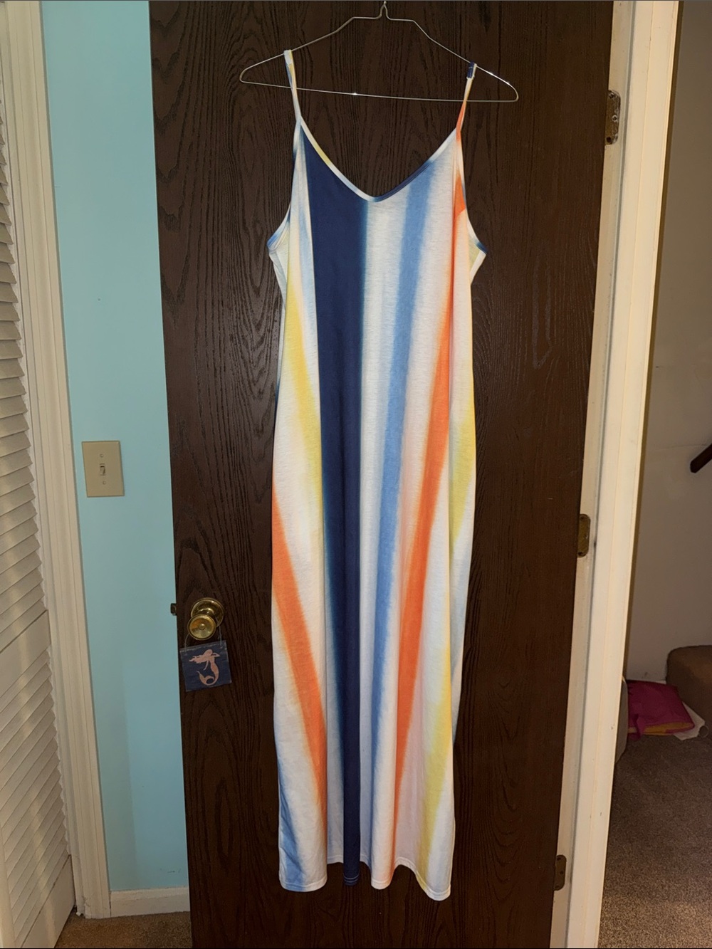 Sleeveless Striped V-Neck Maxi Dress — Navy, Orange & Yellow - Picture 1 of 2